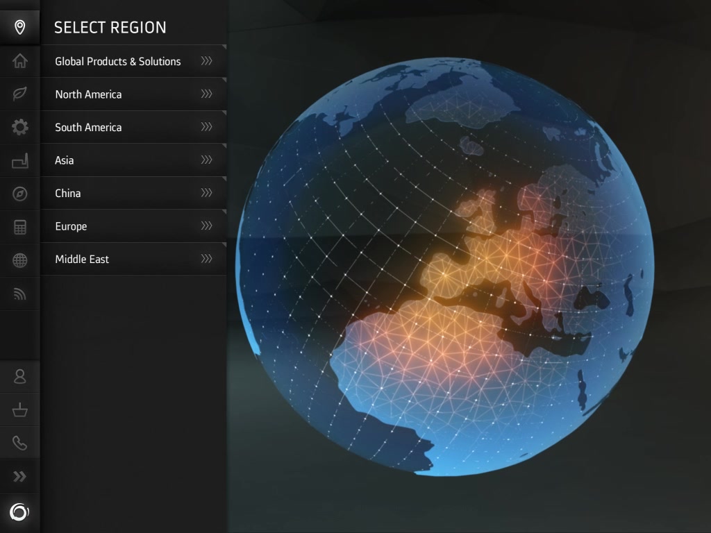 Alstom app — regional navigation with an interactive globe